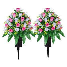 LVXINLI - Flores artificiales de cementerio, rosas para decoración de tumbas, ramos conmemorativos con jarrón de cementerio, colores vibrantes y duraderos (rosa y blanco, 2 paquetes)