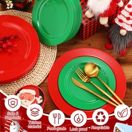 Maxcheck 40 Pcs Christmas Disposable Plastic Plates Green and Red Party Plates Includes 7'' Heavy Duty Green Dessert Plates, 10'' Red Dinner Plate Dinnerware for Christmas