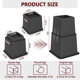 Demiwise Heavy Duty Bed Risers - Set of 4 Adjustable Furniture Risers, Elevation Heights of 3, 5 & 8 Inches, Supports Up to 1,300 lbs for Bed, Couch, Table & Chair(Grey)