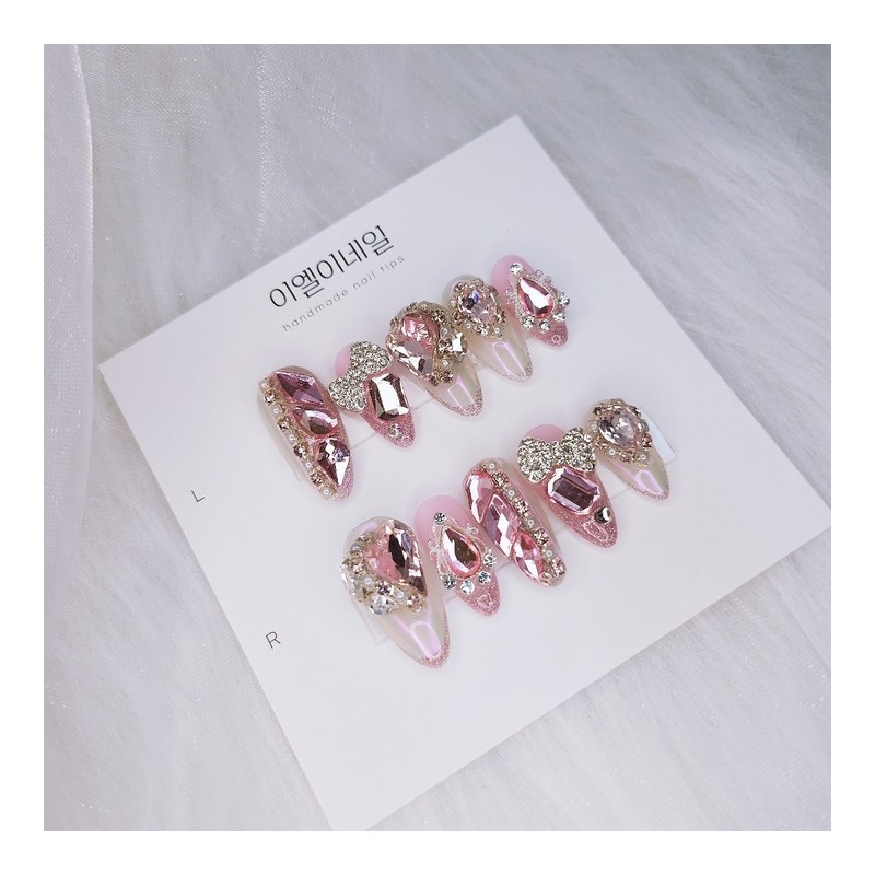 [Premium Nail] Lovely Pink Stone Handmade Nail Tips - Coffin