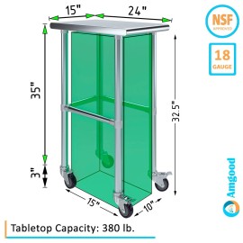24 in. x 15 in. Stainless Steel Work Table Open Base & Wheels | Mobile Table