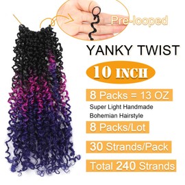 Aksice Pre-looped Yanky Twist Crochet Hair 10 Inch 8 Packs Bohemian Passion Twist Spring Mini Twist Crochet Hair for Black Women Boho Crochet Braids Synthetic (#1b/purple/blue)