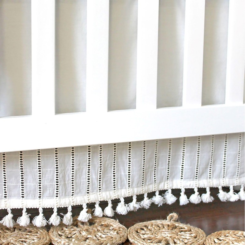 Crane Baby Boho Cotton Baby Crib Skirt with Fringe, White