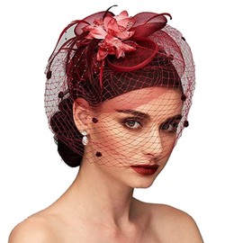 haozaikeji Fascinators Hat for Ladies Women Flower Feather Retro Wedding Hat with Hair Clip Mesh Veil Elegant Pillbox Hat Bridal Headwear Hair Accessories for Cocktail Tea Party Royal Ascot Races