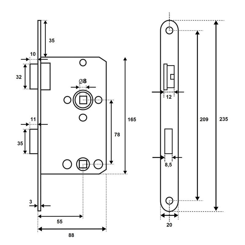 BMH Mortice Lock Class 3 for Toilet Fittings Stainless Steel