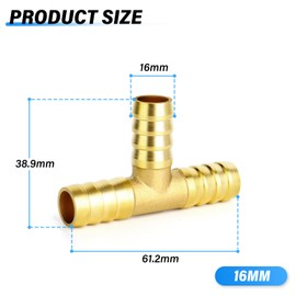 TAILONZ PNEUMATIC 16mm Brass 3-Way Tee Hose Barb Fitting（Pack of 2）