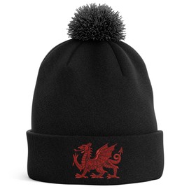 Purple Print House Embroidered Y Ddraig Goch Bobble Hat Men Welsh Red Dragon Cymru Wales Winter Rugby Country Him Her, One Size, Black