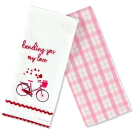 Serafina Home Valentines Kitchen Towels: Sending You My Love Greetings Bicycle with Pink Plaid Towel, Flat Weave, 100% Cotton