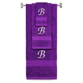 BY LORA Custom Embroidered Terry Cotton Ring Spun Bath Towel, Hand Towel and Washcloth Set - Purple Towel Set, Silver Chancery Initial B