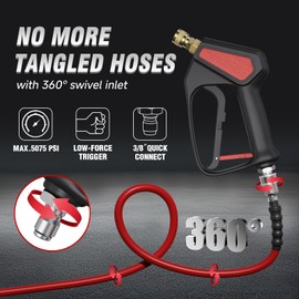 Short Pressure Washer Gun with Swivel - High Pressure Water Handle with 3/8" Male Plug and 1/4” Quick Connector Coupler， Power Washer Gun with Nozzle Guard & M22-14mm Adaptor