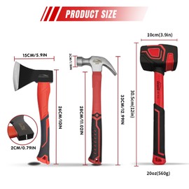 HOUSERAN 3 Piece Hammer Set, 14" Camping Axe, 680g Claw Hammer, 20oz Rubber Mallet, Hammer Set Mechanic, Rubber Mallet Set, Suitable for Family, Camping, Stakes, DIY