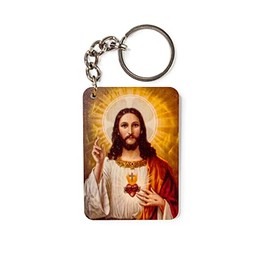Jesus Christ Sacred Heart, Wooden Catholic Icon Keychain, Orthodox Religious Keychain with Double-Sided Artwork, Christian & Catholic Key Chain Gifts for Baptism, Communion, & Confirmation