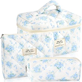 URSKYTOUS 3Pcs Cotton Quilted Makeup Bag for Women Girls Large Small Travel Floral Cosmetic Bags Set Cute Coquette Zipper Makeup Pouch for Purse Aesthetic Cloth Flower Storage Toiletry Bag Organizer