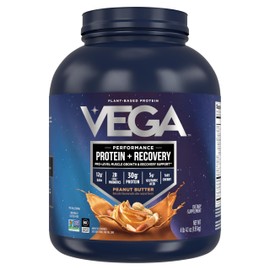 Vega Sport Vegan Protein Powder + Recovery - 30g Plant Based Protein per Serving, Peanut Butter, 45 Servings, 5g BCAAs, Probiotics, NSF Certified, for Shakes & Smoothies, 4.2lbs (Packaging May Vary)