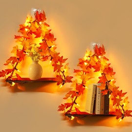 Floating Shelves for Wall with Fall Lighted Garland,2 Pack Ivy Vines Fall Leaves Garland Lights Hanging Plant Shelves for Bedroom Living Room Wall Decor, Fall Decorations for Home