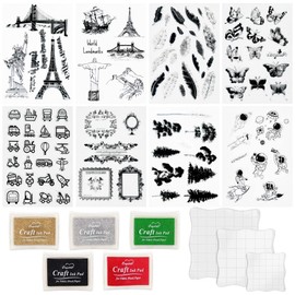 Yayatty 16 PCS Clear Rubber Stamps Silicone Rubber Stamps Set, 8 Sheet Clear Stamps with Acrylic Stamping Blocks, Craft Ink Stamp Pads for DIY Craft Scrapbook Crafts Making