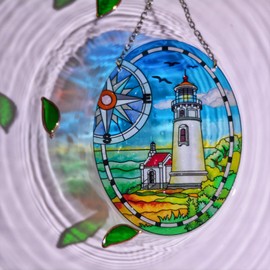 Lighthouse Stained Glass Window Hanging, Suncatchers for Windows Birthday Gift for Mom Multicolor Stained Glass for Lighthouse Suncatcher Window Panel Window Hanging Personality Ornament (Lighthouse)