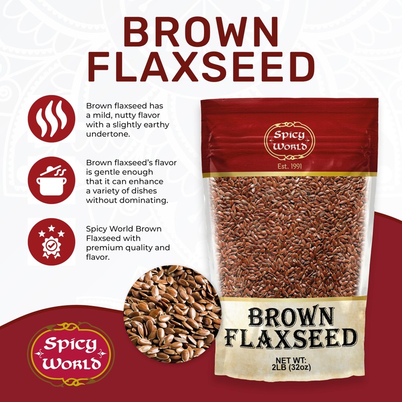 Spicy World Brown Flaxseed 2 LB Bag - Non-GMO, Whole,