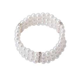 HugeDE Three Row Faux Pearl Bracelet Multilayer Pearl Elastic Bangle Crystal Stretch Bracelet Bridal Wedding Jewelry for Women Girls