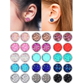 Boao 15 Pairs Druzy Stud Bulk Earrings Set Stainless Steel Round Post Earrings Christmas Bohemian Pierced Jewelry for Women(10.0 Millimeters)