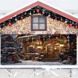 Christmas Garage Door Decorations Cover Banner Backdrop,Winter Holiday Garage Door Banner Cover,Rural Cabin Christmas Tree 2 Car Xmas Garage Door Banner for Outdoor Holiday Decorations 7x16ft Hanging