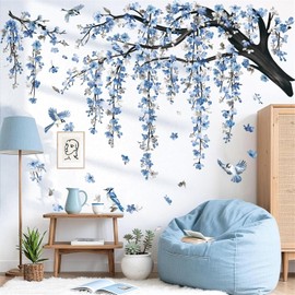 decalmile Large Blue Flower Branch Wall Decals Watercolor Cherry Blossom Tree Floral Birds Wall Stickers Living Room Bedroom TV Background Home Decor