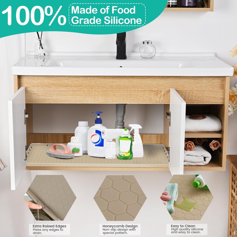 FORWOS Waterproof Under Sink Mat 28" x 19", Silicone Cabinet