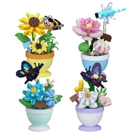 Sacblirr Set of 4 Mini Flower Bonsai with Cute Insects - DIY Potted Plant Building Blocks for Kids and Adults, Botanical Collection Decor Toy