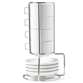 HUJI Stack-able Porcelain 3.2 OZ Espresso Turkish Coffee Cups and Saucer Set with Chrome Rack (9 Piece Set) (1)