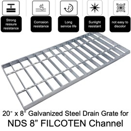 MASSLUNT Galvanized Steel Drain Grate 20x8 for NDS 8” FILCOTEN Channel, Outdoor Drain Cover, B Class Replacement Sewer Grate Durable Heavy Duty, Sliver Rectangle Drainage Grate for Driveway, Yard
