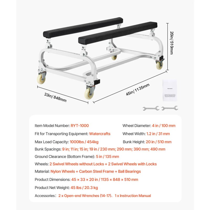 Adjustable 1000 Lbs Load Capacity Watercraft PWC Dolly with 4