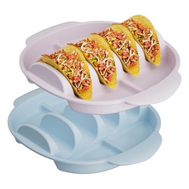 Silicone Taco Holders Set of 2, 11.81"355g Taco Plates with Dividers, taco holder with Heat Resistant Handles, Dishwasher and microwave safe(Neon/Soft Blue)