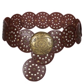 WERFORU Women Vintage Leather Belt Western Disc Waist Belts Ladies Western Belt Boho Belt for Dress Jean (57":Fit Waist Size Below 54",Browm-Bronze Buckle)-