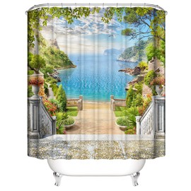 JIANGLANY Outside Balcony Scenery Shower Curtain Garden Hallway Blue Green Image Art Bathroom Decor Natural Waterproof Garden Curtain with Hooks (2, 180x180cm)