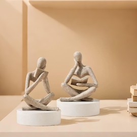 Reading Thinker Statue, Sculptures Abstract Art Ornament, Modern Aesthetic Figurine Decoration Set of 2 Status for Home Living Room Bedroom Office Shelf Table Desk Bookshelf Decor (Sandstone)