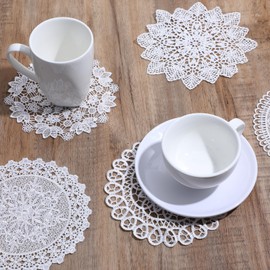 XLIUAX 6 PCS Lace Crochet Doilies, 6 Inch Round White Vintage Placemats Handmade Rustic Cup Mats Lace Coasters for Kitchen Dining Room Tables Wedding Birthday Party Cup Vase Decoration(B)