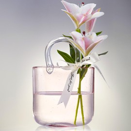 Glass Bag vase, Purse vase with Fish Bowl, Handbag Shape Flower vase - for Home Décor, enterpiece, Events, Office, Garden, Wedding(Light Pink)