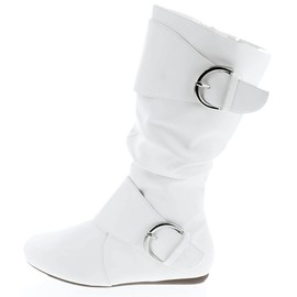 Forever Link Women's Klein-70 Closed Round Toe Buckle Slouch Flat Heel Mid-Calf Boot, White Pu, 7