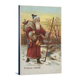 Lantern Press Christmas Greeting, Santa with Walking Stick, (24x36 Wrapped Canvas, Wall Decor, Artwork)