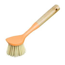 OGGI Natural Bamboo Dish Brush - Non-Scratch, Odorless Nylon Bristles, Durable Scrub Brush with Scraper for Grease & Grime, Safe Cleaning Brush for Non-Stick Cookware - Orange Accent Color