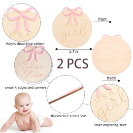 It's A Girl Gender Reveal Decorations - She's Here Wooden Card,Hospital Birth Gender Announcement,Girls Bow Hospital Sign,Baby Birth Sign Double Sided Engraving Photo Props