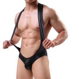 Utcelut Men's Suspender Wrestling Singlet Jockstraps One-Piece Jumpsuit Faux Leather Leotard Bodysuit, Black, Small