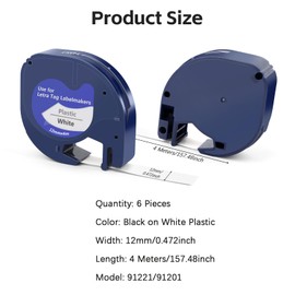 6 x Label Tape Compatible with Dymo Label Tape Letratag Label Tape White Plastic 12 mm x 4 m Labelling Tape Labelling Device Tapes for Dymo Letratag XR LT-100H LT-100T 200B