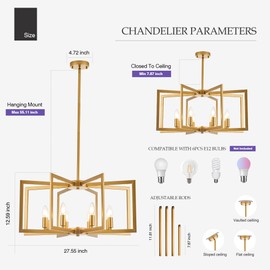 Salaiwei Modern Farmhouse Gold Chandeliers for Dining Room, 8-Light Industrial Metal Chandeliers Geometric Pendant Lights Kitchen Island for Entryway Stairway Foyer Hallway