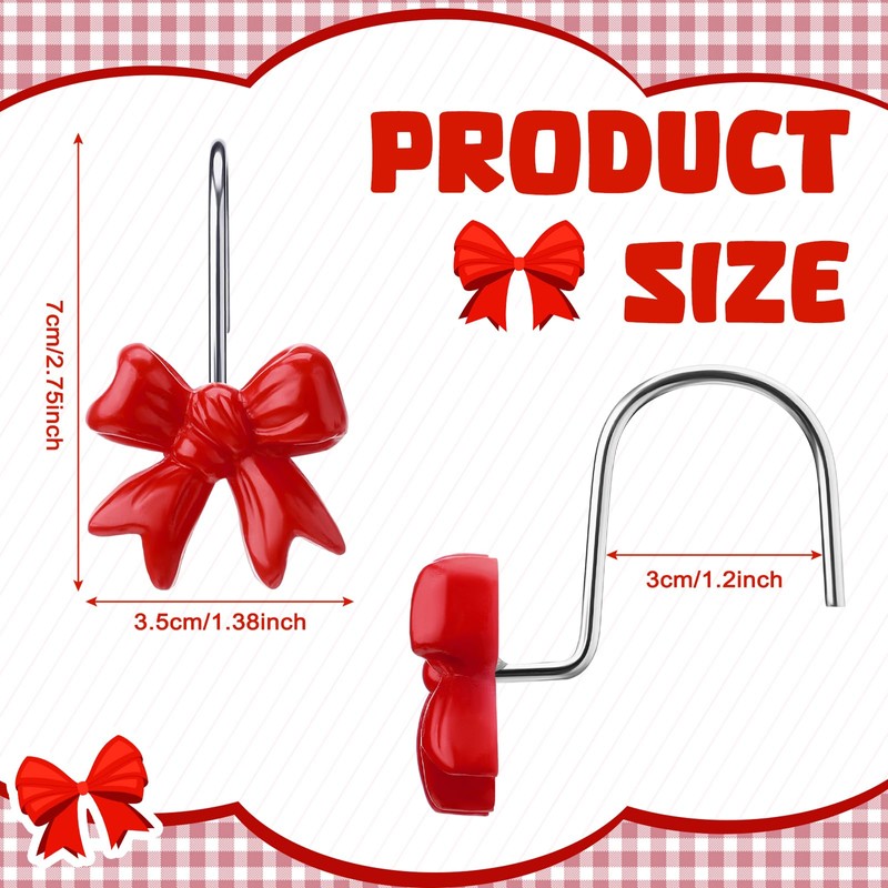 Yaocom 12 Pcs Red Bow Knot Shower Curtain Hooks Rustproof