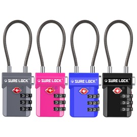 SURE LOCK TSA Approved Cable Luggage Lock TSA Locks for Luggage with Visual Inspection Indicator, Resettable 3-Digit Combination, Zinc Alloy Body for Suitcases, Backpacks, Gym Lockers(Four Colors)