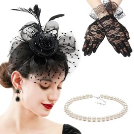 EDSPORT Tea Party Hat with Gloves Fascinators for Women, 3PCS Elegant Headband Kentucky Derby Hats Hair Clip for Wedding Cocktail Church Costume Events, Black