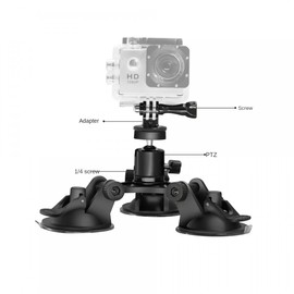 Car Camera Suction Mount with 360 Degree Tripod Head, Triple Suction Cups for Enhanced Stability for Action Cameras, suitable for Gopro, for Insta360 and Other Action Cameras