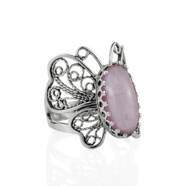 Filigranist Sterling Silver Filigree Art Butterfly Women Cocktail Ring with Gemstones (Rose Quartz, 7.5)