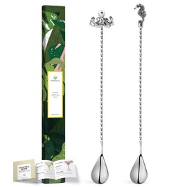 Homestia Cocktail Spoon Bar Stirring Spoon Long Handle Stainless Steel Spiral Pattern Cocktail Mixing Shaker Tool, 12'' Bar Spoons for Professional Home Use Weighted Octopus Seahorse End (Set of 2)